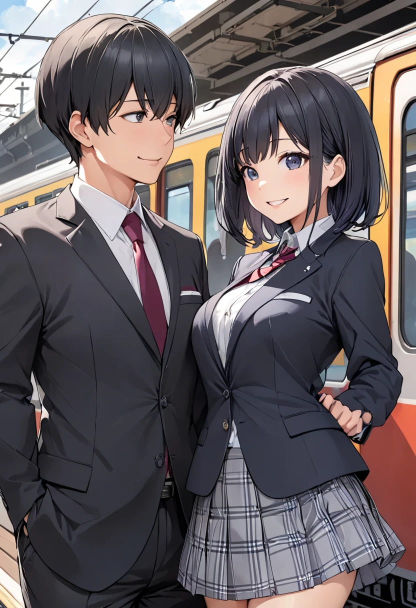 1girl, cute girl, JK, high school outfit, bob hair, black hair, pleats skirt, panties,  train, smile, 1man, Business suit, hentai comic style, Greetings, Chatting, Standing side by side, Standing side by side, holding on to the straps of a train