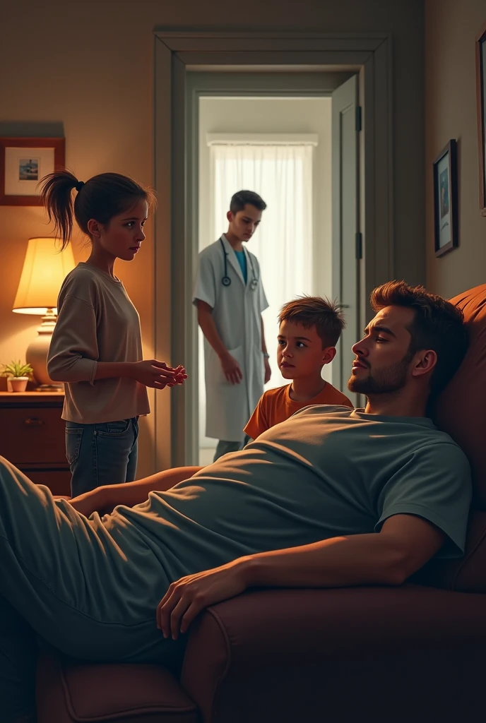 Man waking up from a nightmare, and his children calm him down