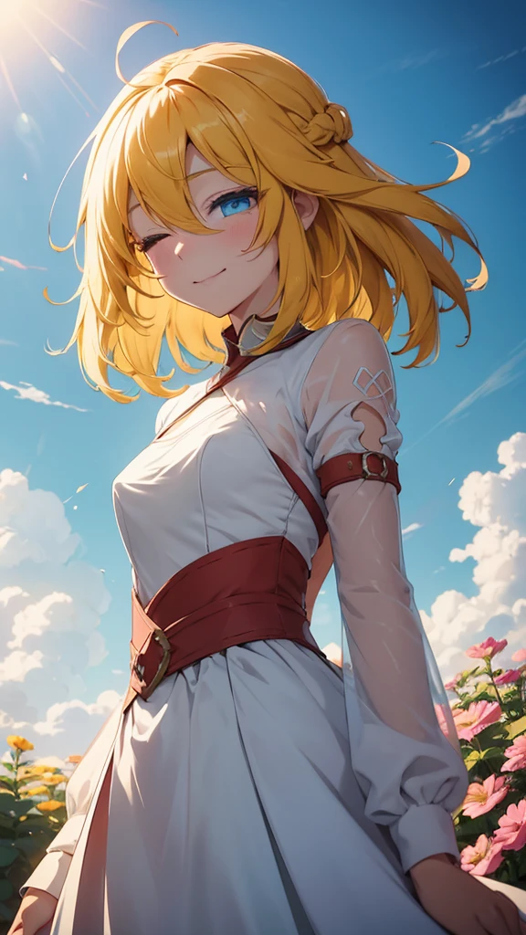 Superflat, Flat Shading, Flat Color, close, Low Angle, Wide-angle, One Girl， 19 years old, Asian, Wedding dress, Anime visuals of cute girls, Cute anime girl, , Cute Anime, Cute:2,  anime style 4 k, kawaii realistic portrait, cute anime style, young anime girl, Laid back girl, 1girl, future princess guardian tales, yellow hair, short hair, hair band, bangs, hair over one eye, one eye covered, smile happily, detailed beautiful eyes, blue eyes, Absurd, High resolution, ,  Standing in a flowery meadow，At dawn，Beautiful sunrise，，Vibrant colors，