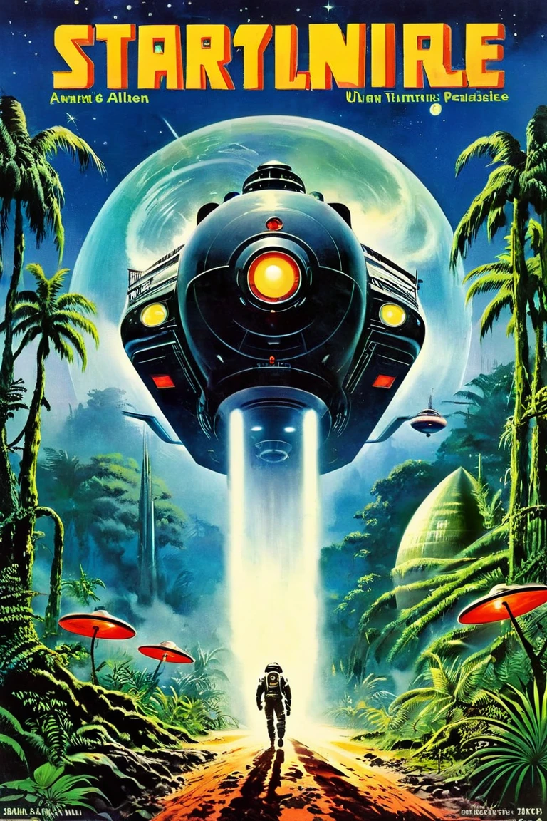   steam locomotive that runs through time and space movie poster、 steam locomotive coming out of the portal 、 extraterrestrial paradise  ,   outer space utopian jungle  ,  retro sci-fi art  ,   Ancient Alien Jungle  , Vintage Sci-fi Art  ,  Damp alien jungle ,   Retrofuturism Art   ,  Retro 1 , 1960s sci-fi art ,   Ed Emschwiller  ,   Countless little UFOs . American-style promotional posters,  American-style promotional posters, Movie title「STAR train」