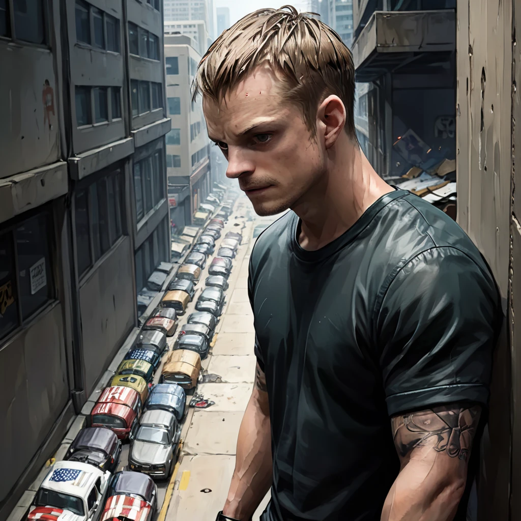 ziprealism, joel kinnaman, comic art, looking down, 