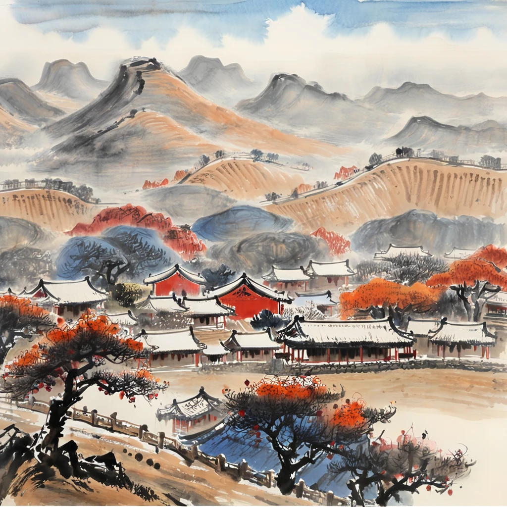 Ink painting, Chinese Painting, gugong,qi baishi, li keran, rural scenery in northern China, late autumn, orange persimmons and red persimmons, orange persimmons and red persimmons, the background is the hills and farmhouses in northern China, the whole scene is full of ink painting style, traditional Chinese brushwork, blue sky and white clouds, crisp autumn weather, official art, watercolor ink painting on parchment, beige gray, rice paper texture