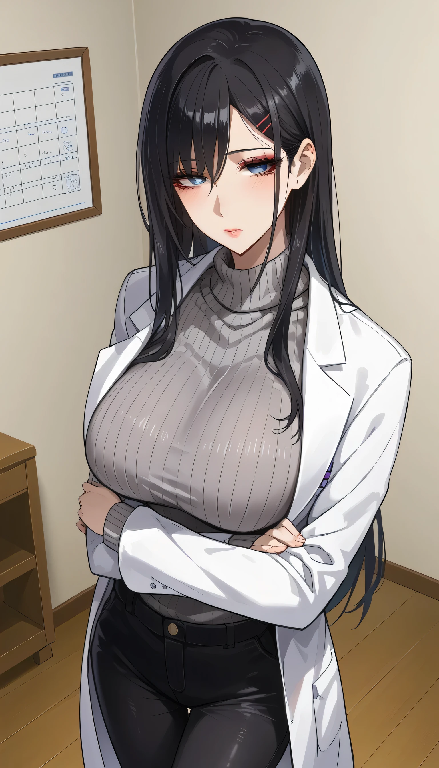  score_9,  score_8_up,  score_7_up,  source_Anime,masterpiece, best quality, BEAUTIFUL AND DETAILED EYES ,  beautiful detailed lips,  hopeless expression 、Lazy face 、Unhealthy face、 very detailed eyes and faces, tired look、 long breasts, 1 female, Put on a white coat、 sweater under a white coat, doctor、 Grey Sweater 、 grey sweater、 Dowel Dowel Sweaters、Matte Clothes 、Black Skinny、 long black pants  , Big saggy breasts, shockingly  Big Breasts ,  Big Breasts , room,  No Emotion 、 zitales,  taken from above、makeup、 no makeup、 black hair、 long hair、 zitales、A tired face、A painful face