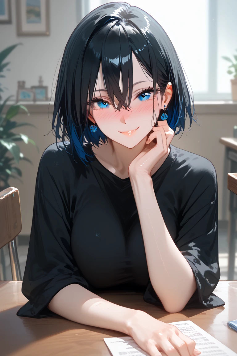 1girl, Solo, Accurate, HD, Short Hair, Black Hair, Hair Between Eyes, Earrings, Blue eyes, Nose Blush, Light Smile, looking at the viewer, sitting on table at resturant, pov, black shirt