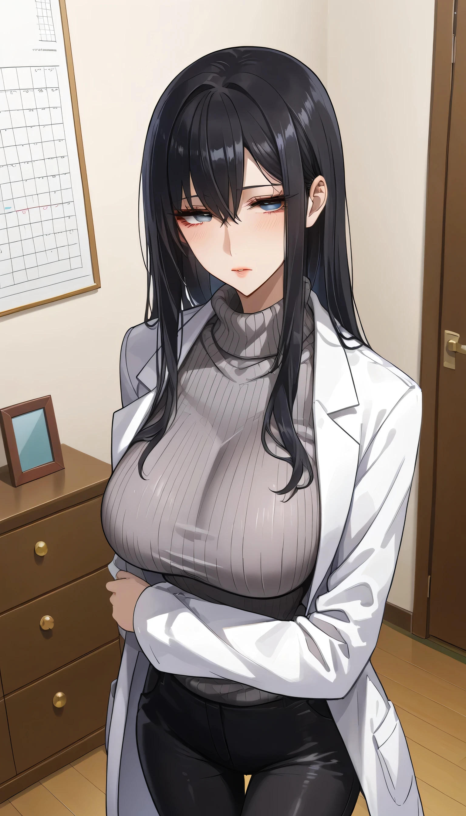  score_9,  score_8_up,  score_7_up,  source_Anime,masterpiece, best quality, BEAUTIFUL AND DETAILED EYES ,  beautiful detailed lips,  hopeless expression 、Lazy face 、Unhealthy face、 very detailed eyes and faces, tired look、 long breasts, 1 female, Put on a white coat、 sweater under a white coat, doctor、 Grey Sweater 、 grey sweater、 Dowel Dowel Sweaters、Matte Clothes 、Black Skinny、 long black pants  , Big saggy breasts, shockingly  Big Breasts ,  Big Breasts , room,  No Emotion 、 zitales,  taken from above、makeup、 no makeup、 black hair、 long hair、 zitales、A tired face、A painful face