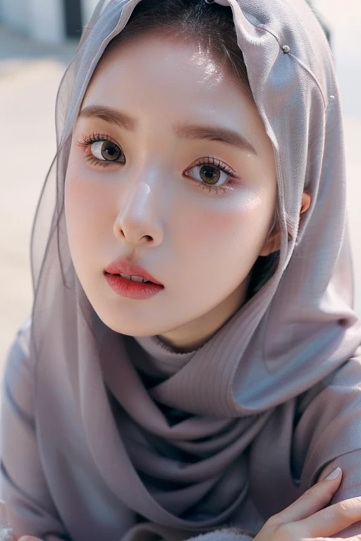 Realistic photo,wearing dress and long hijab grey colours, look from above, hyperrealistic, masterpiece, sweet ekspresion, melancholy , closeup photo, bright eyes, sexy lips, detailed makeup, detailed eyes cornea, wearing hijab no hair looks, blush pink cheek, outdoor background