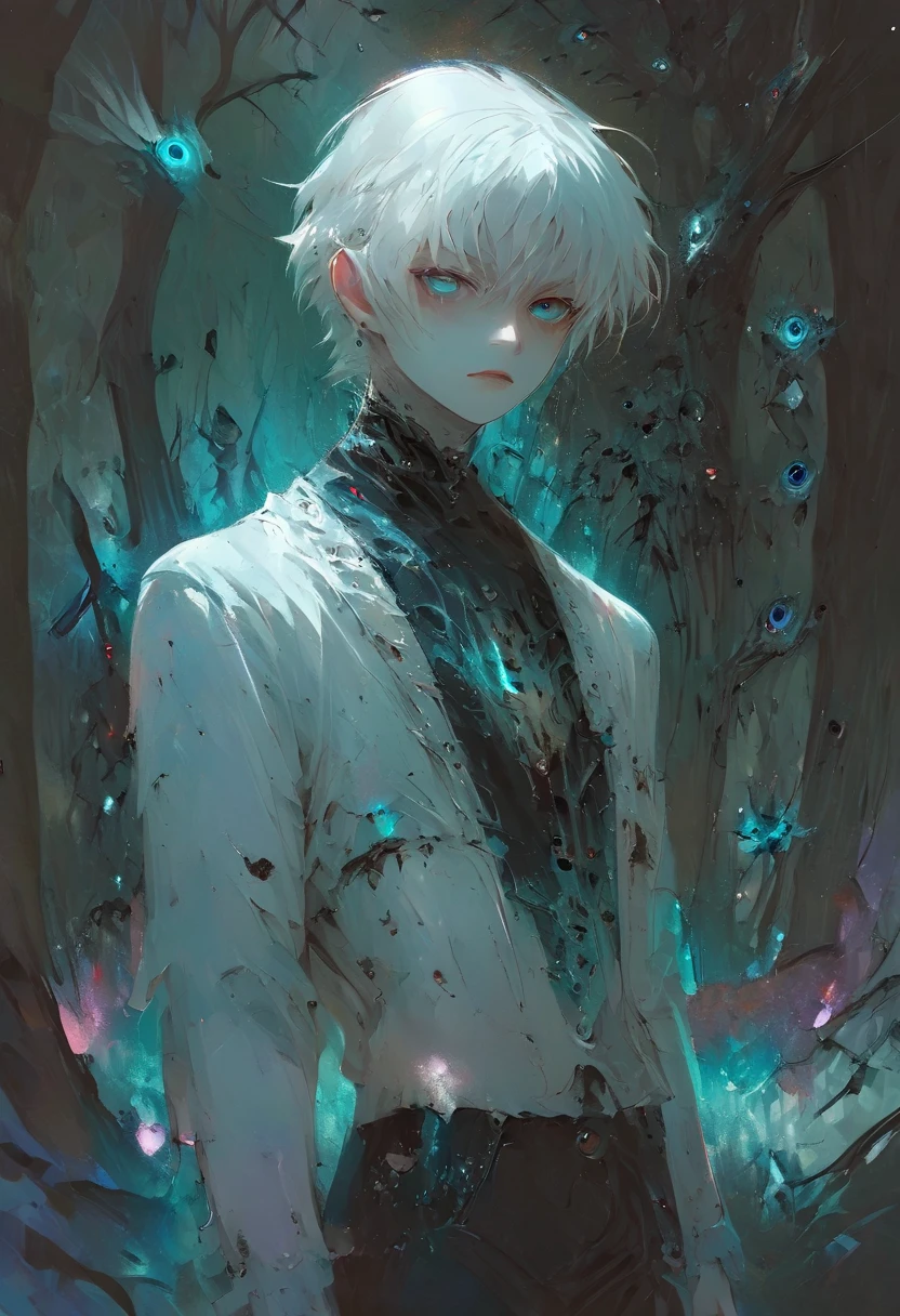 1boy, stylish boy, beauty face, fantasy character, aura art, ethereal atomosphere, fantasy art, in mysterious forest, ethereal atmosphere, white short hair, glance at me, good fashion, in the dark ,rough sketch, oil paintings,ultra deteiled anime, best quality, masterpiece, 4k, 8k ,HDR, high quality,gothic fantasy theme,