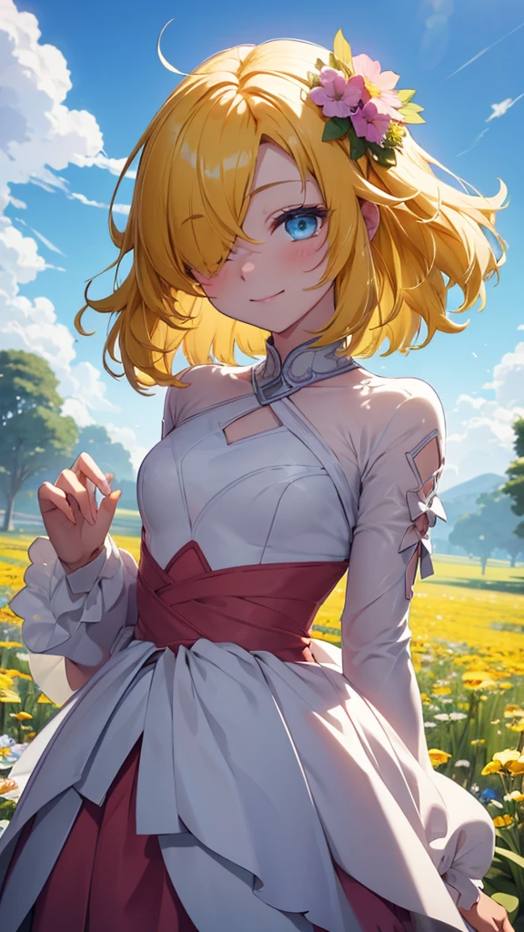 Superflat, Flat Shading, Flat Color, close, Low Angle, Wide-angle, One Girl， 19 years old, Asian, Wedding dress, Anime visuals of cute girls, Cute anime girl, , Cute Anime, Cute:2,  anime style 4 k, kawaii realistic portrait, cute anime style, young anime girl, Laid back girl, 1girl, future princess guardian tales, yellow hair, short hair, hair band, bangs, hair over one eye, one eye covered, smile happily, detailed beautiful eyes, blue eyes, Absurd, High resolution, ,  Standing in a flowery meadow，At dawn，Beautiful sunrise，，Vibrant colors，