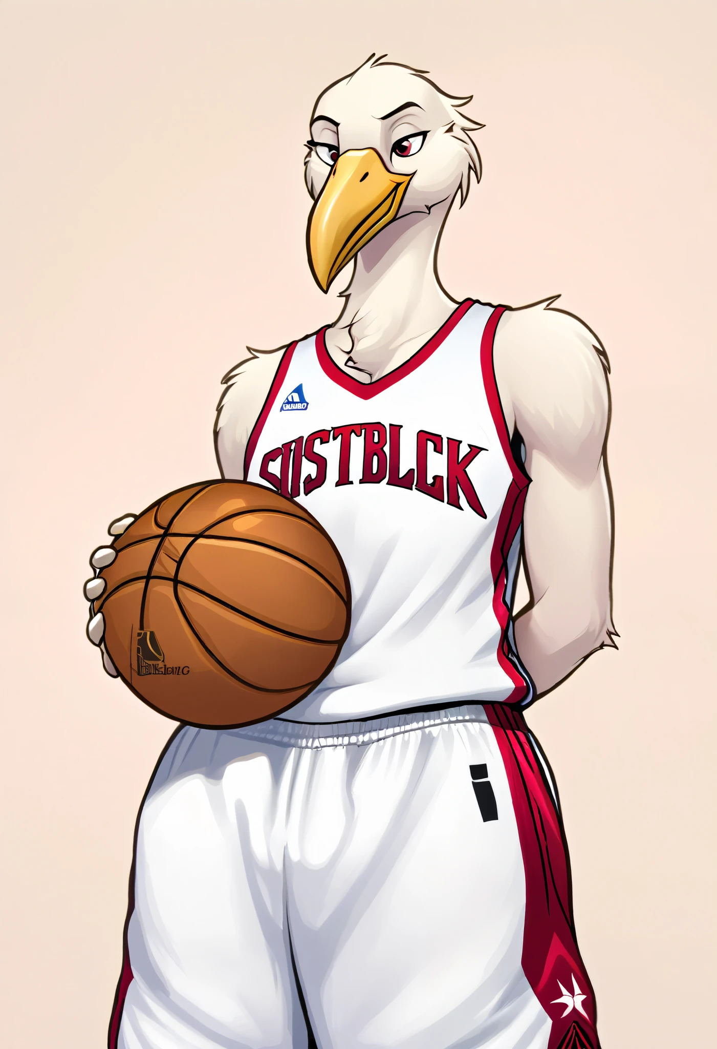 Plain background, Front view, Light skin, Plain background, Front view, Light skin, Solo, Furry, Anthro, Stork, Male, nba basketbal clothes, tall