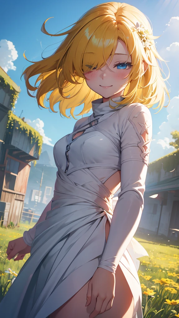 Superflat, Flat Shading, Flat Color, close, Low Angle, Wide-angle, One Girl， 19 years old, Asian, Wedding dress, Anime visuals of cute girls, Cute anime girl, , Cute Anime, Cute:2,  anime style 4 k, kawaii realistic portrait, cute anime style, young anime girl, Laid back girl, 1girl, future princess guardian tales, yellow hair, short hair, hair band, bangs, hair over one eye, one eye covered, smile happily, detailed beautiful eyes, blue eyes, Absurd, High resolution, ,  Standing in a flowery meadow，At dawn，Beautiful sunrise，，Vibrant colors，