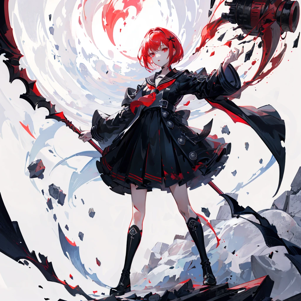   1 girl、(masterpiece,   best quality),(  detailed hair),   super detailed,  anime style, whole body,   high school girls 、   black sailor suit、 has milky white and red hair and short hair。.、red eyes、 Put on your boots,    Digital Painting  , 8k high resolution, whole body, White background,    Dynamic Poses 、Standing on a deserted place  、big blade、   vampire hunters active only at night   、  Dynamic Composition、big black scythe 、grim Reaper、 black simple background 、Bright red full moon、