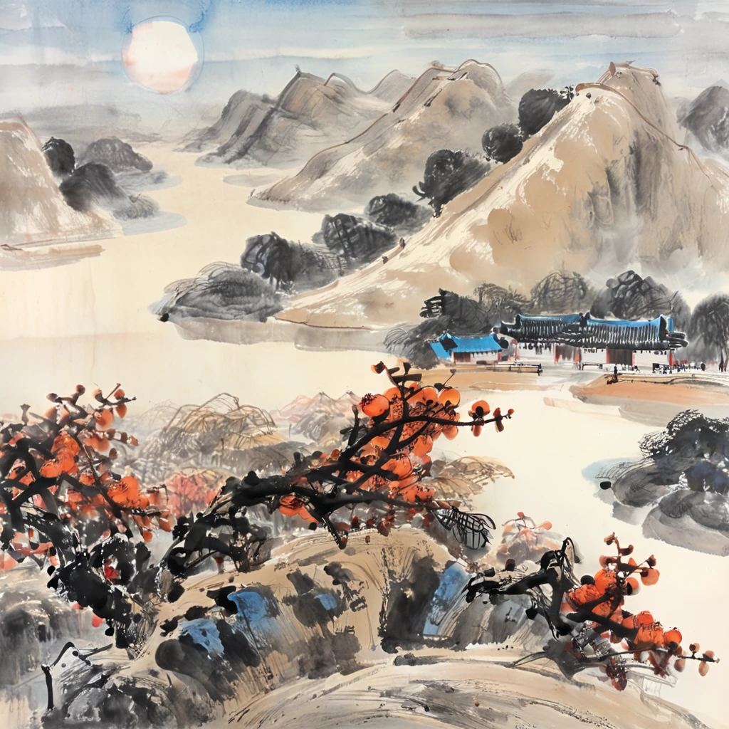 Ink painting, Chinese Painting, gugong,qi baishi, li keran, rural scenery in northern China, late autumn, orange persimmons and red persimmons, orange persimmons and red persimmons, the background is the hills and farmhouses in northern China, the whole scene is full of ink painting style, traditional Chinese brushwork, blue sky and white clouds, crisp autumn weather, official art, watercolor ink painting on parchment, beige gray, rice paper texture