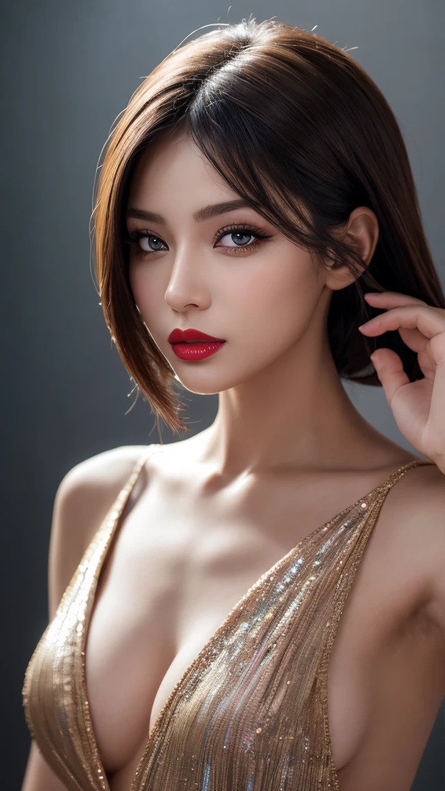 (highest quality、table top、8k、best image quality、Award-winning work)、(one young girl, :1.3)、no sleeve, (red eyeshadow:1.2)、perfect makeup、long eyelashes、Super high-definition sparkling eyes、ultra high definition hair、ultra high resolution glossy lips、Super high resolution perfect teeth、Super high resolution cute face、brown hair、(very short straight hair:1.1)、look at me and smile、[clavicle]、accurate anatomy、(close up of face:1.5)、Luxury love hotel、(The most moody warm lighting:1.2)、blurred background、With bangs、Super high-resolution glossy and moisturized face、Super high resolutio n glowing skin、most detailed face、Ultra high resolution detailed faces、ultra high resolution hair、Fashion model 25 years old [[[[close-up]]], [[[[chest]]]], [[[[neck]]], [shoulders]]]]], Perfect eyes, Perfect iris, Perfect lips, Perfect teeth, Perfect skin, Soft front light, Glow, HDR, (Soft color: 1.2), Best quality, masterpiece, ultra high res, (photorealistic:1.37), raw photo, 1girl, long hair, beautifull eyes, beautifull face, detailed eyes and face, t-shirt, dynamic lighting, in the dark, table top, highest quality, realistic, Super detailed, finely, High resolution, 8k wallpaper, 1 beautiful woman, light brown messy hair, He is wearing an open-necked shirt., sharp focus, perfect dynamic composition, beautiful and detailed eyes, thin hair, Detailed realistic skin texture, smile, upper body, model body shape, mile, close-up portrait, model body shape, Big breasts、body shape,cleavage, tropical beach, thin and long legs Translated with DeepL.com (free version)Top Quality, Masterpiece, (Realistic:1.2), 1 girl, detailed face, beautiful eyes, (Masterpiece:1.2, Top Quality), (fine beautiful eyes: 1. 2), (highly detailed Cg Unity 8K wallpaper, Masterpiece, Top Quality, super detailed, best shaSuper high resolution sparkling eyes、Beautiful face drawn in every detail、Super high resolution glossy red lips、cleavage、Fashionable necklaces、camisole, ((masterpiece)), (ultra detailed