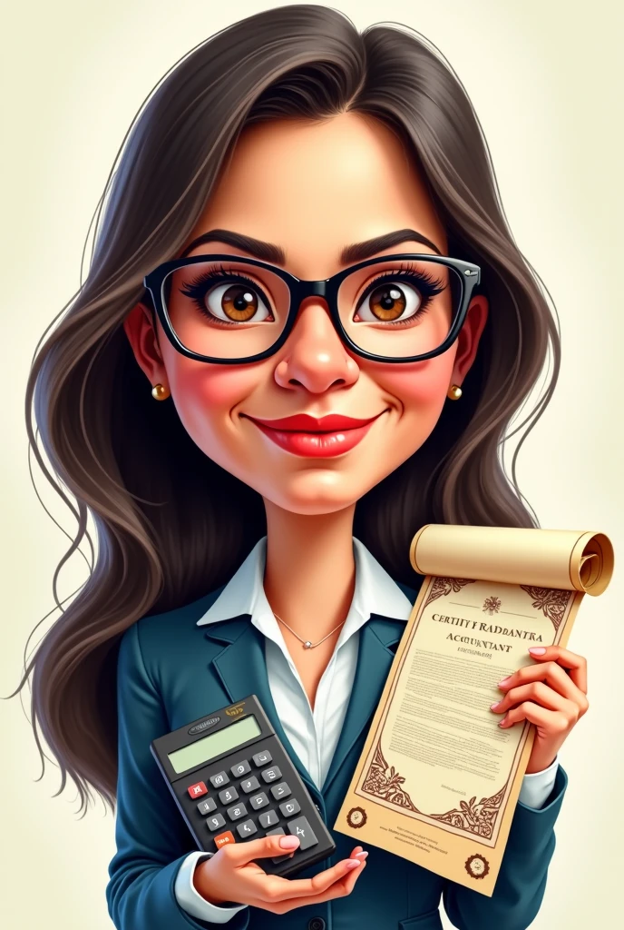 A full body 3D cartoon character. She has a friendly and charismatic appearance. The character is a young woman with fair skin, loose dark brown hair, thick eyebrows, large brown eyes and wears glasses. She is smiling confidently. The character is dressed formally, wearing a black dress with a blue sash at the waist. She is holding a credit card sign in her hand. Your posture and relaxed posture suggest confidence and ease. The background of the image is neutral, which highlights the character even more.