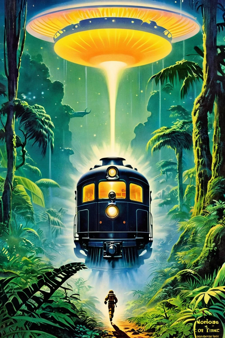   steam locomotive that runs through time and space movie poster、 steam locomotive coming out of the portal 、 extraterrestrial paradise  ,   outer space utopian jungle  ,  retro sci-fi art  ,   Ancient Alien Jungle  , Vintage Sci-fi Art  ,  Damp alien jungle ,   Retrofuturism Art   ,  Retro 1 , 1960s sci-fi art ,   Ed Emschwiller  ,   Countless little UFOs . American-style promotional posters,  American-style promotional posters, Movie title「STAR train」