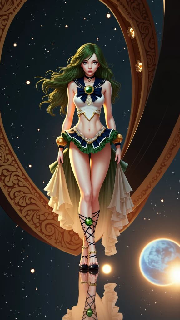 The beauty of a princess is captured in her makeup, as she wears a stunning black dress adorned with sparkling jewelry and a regal crown on her head. Her bare legs are visible underneath the see-through fabric, while magic surrounds her as shooting stars and meteor showers fill the starry skiescape in the background., princessdaphne, comic style, long yellow hair, hires, uhd, 8k