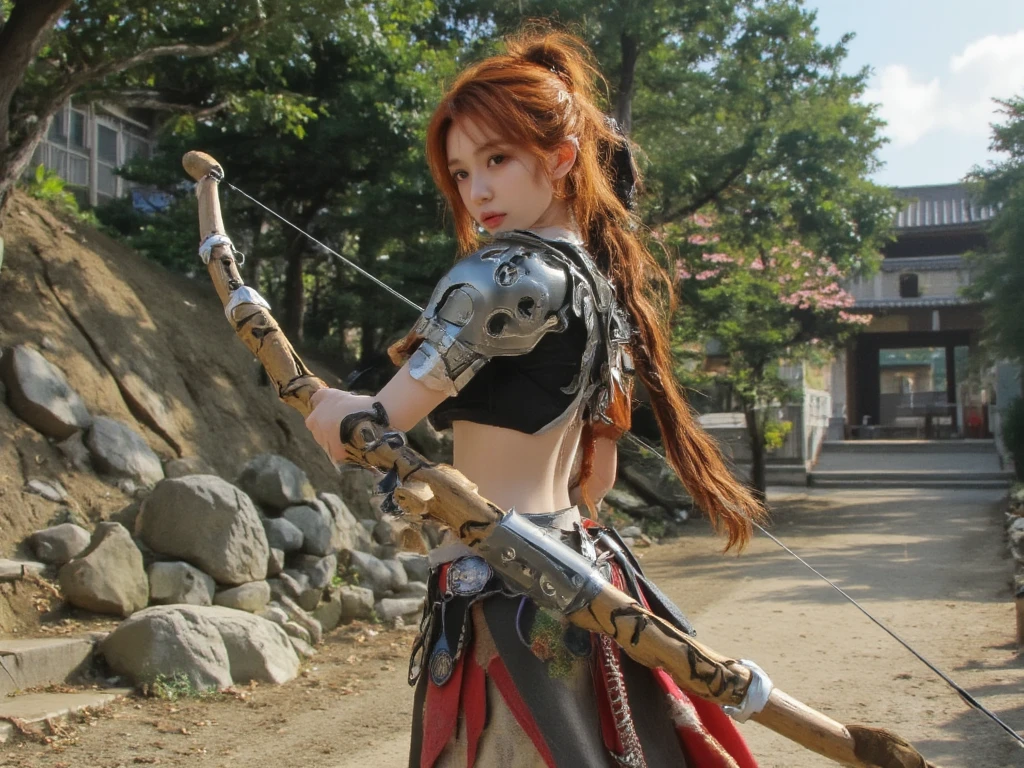 High-definition game character, A beautiful young woman with long, thick, fiery red hair styled in an elaborate updo, White pale skin and a fit, athletic physique. dressed in a mix of futuristic and traditional armor, combining sleek metal plates with a flowing and silk, earthy skirt made from a blend of high-tech fabrics and indigenous textiles. The armor is a fusion of Japanese aesthetics and advanced materials. She wields a bow crafted from natural wood and futuristic alloys, reflecting a blend of ancient and modern. Random environments. 