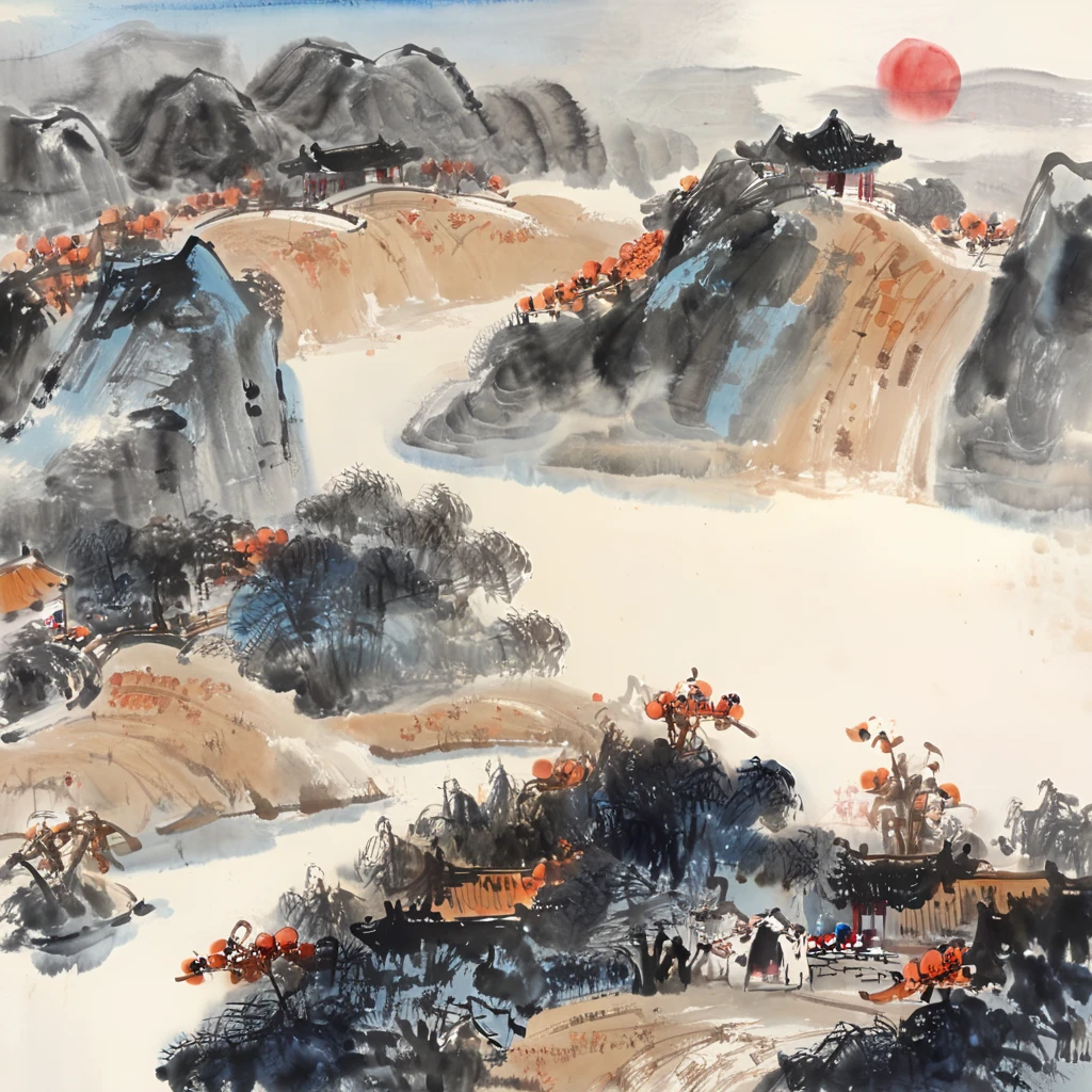 Ink painting, Chinese Painting, gugong,qi baishi, li keran, rural scenery in northern China, late autumn, orange persimmons and red persimmons, orange persimmons and red persimmons, the background is the hills and farmhouses in northern China, the whole scene is full of ink painting style, traditional Chinese brushwork, blue sky and white clouds, crisp autumn weather, official art, watercolor ink painting on parchment, beige gray, rice paper texture