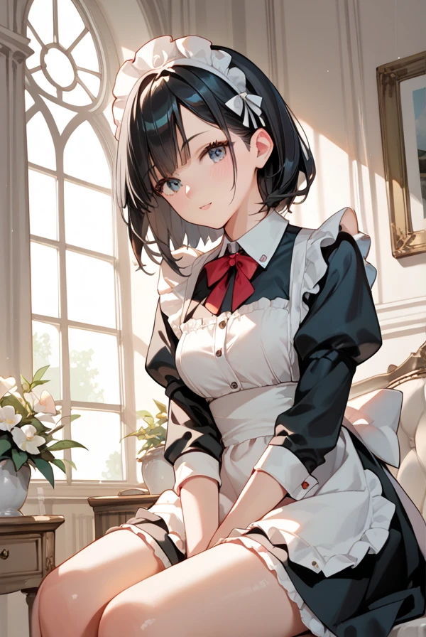 Black Hair, maid clothes,Thighs,Mansion,Maid knitting on the windowsill, anime style
