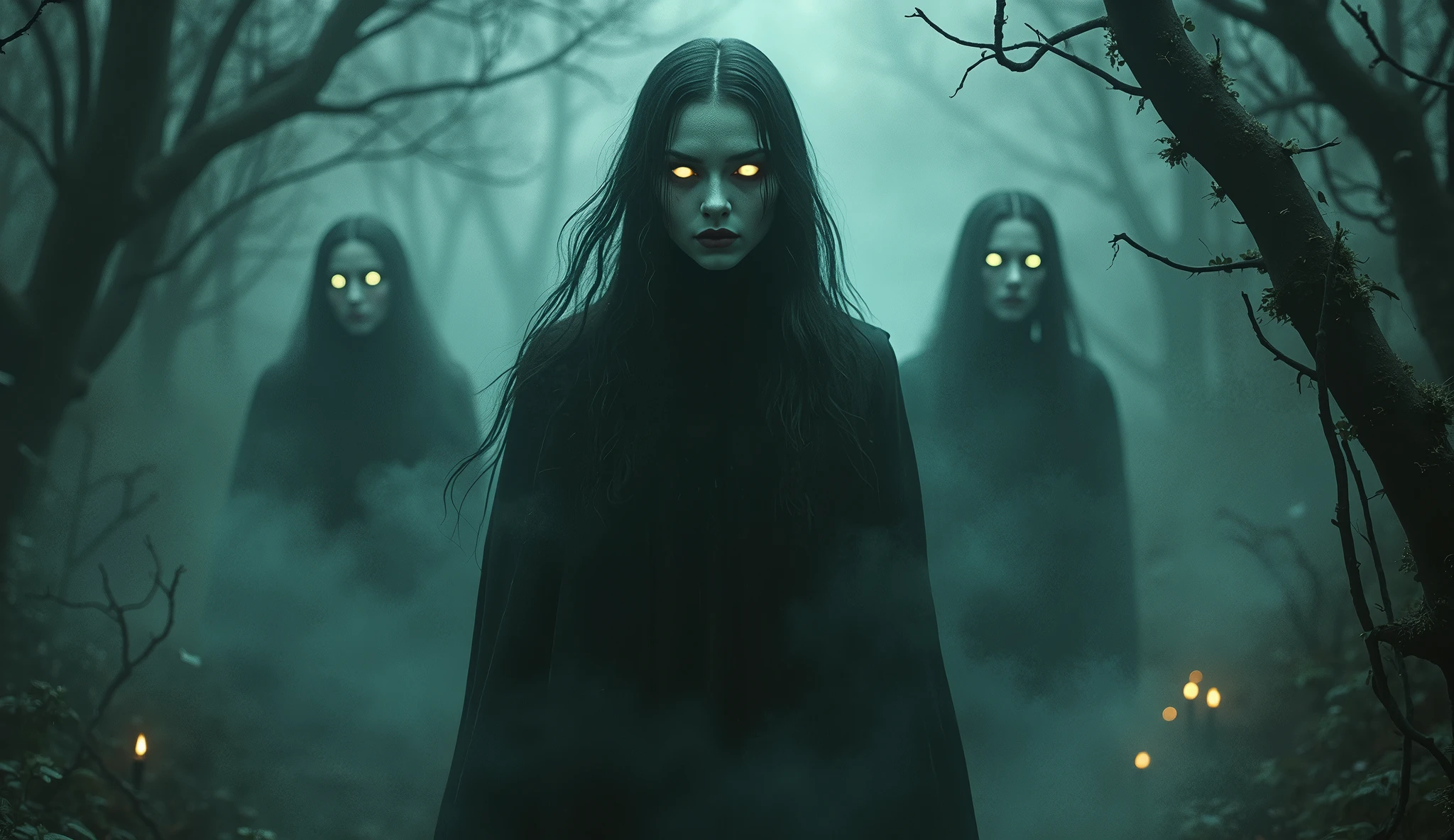 Prompt: "An ultra-realistic depiction of Shichinin Misaki, reimagined with an extremely terrifying appearance. The seven ghostly spirits are now twisted and malevolent figures, with their traditional kimonos torn and soaked in blood. Their faces are gaunt and skeletal, with hollow, glowing eyes that pierce through the darkness. Their skin is decayed and peeling, revealing sinew and bone beneath. Their mouths are twisted into unnatural, wide grins filled with sharp, jagged teeth, oozing dark fluid. Their long, disheveled hair hangs like a veil, dripping with a black, tar-like substance. The spirits emit a dark, foreboding aura, their bodies more shadow than flesh, trailing wisps of smoke as they hover just above the ground. The forest background is even darker and more oppressive, with twisted trees and an overwhelming sense of doom, as if the very environment is being consumed by their presence."