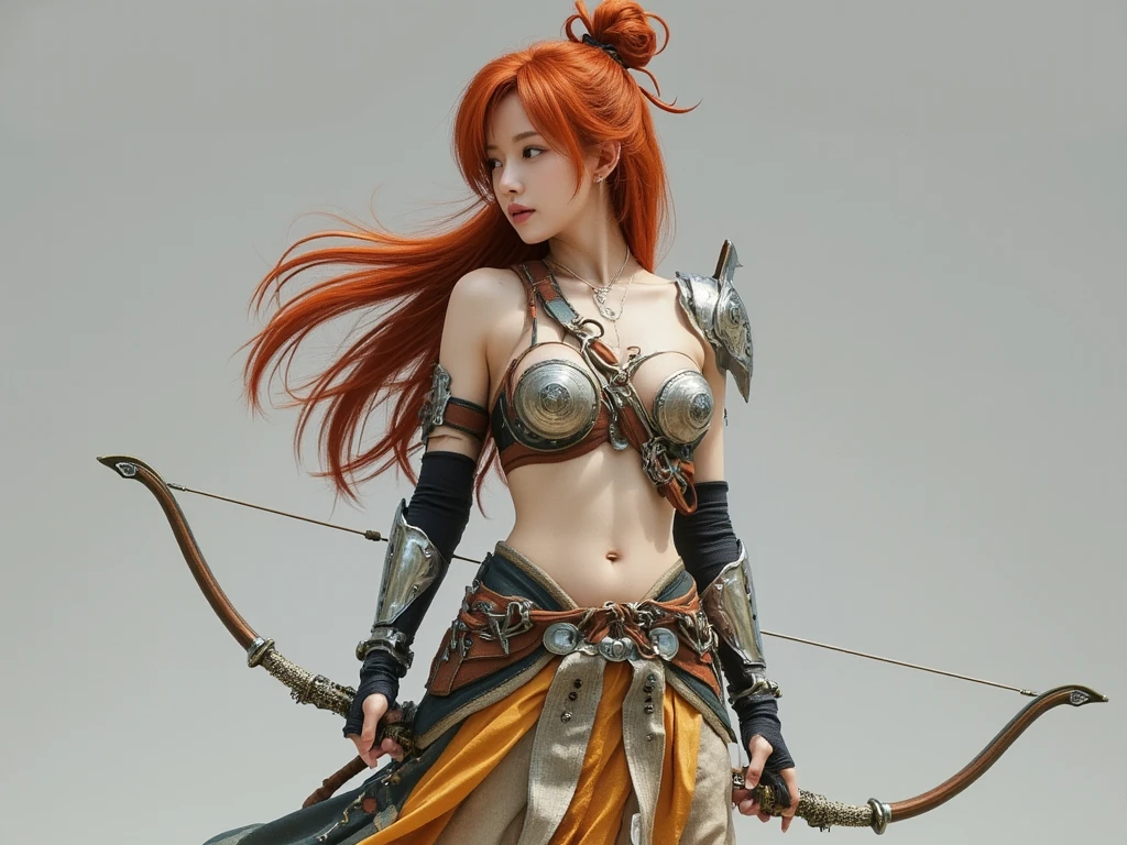 High-definition game character, A beautiful young woman with long, thick, fiery red hair styled in an elaborate updo, White pale skin and a fit, athletic physique. dressed in a mix of futuristic and traditional armor, combining sleek metal plates with a flowing and silk, earthy skirt made from a blend of high-tech fabrics and indigenous textiles. The armor is a fusion of Japanese aesthetics and advanced materials. She wields a bow crafted from natural wood and futuristic alloys, reflecting a blend of ancient and modern. Random environments. 