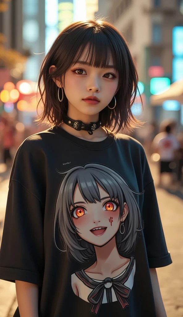 She is wearing a Tee with a large print of her favorite cute black devil girl, ultra-realistic, photorealistic, dramatic scene, shadow, global-illumination, solo, (20 years old Japanese famous idol girl:1.5), very beautiful fragile Japanese girl, very beautiful with very cute but boyish cool face, she is wearing punk rock outfits with very realistic smiled Chibi-anime-devil-black-girl printed Tee, the chibi-anime-devil-black-girl that printed on her Tee is 1girl\(dark black devil,cute,big eyes,large circle eyes,black skin,evil smile,long nail,orange eyes, vivid orange eyes, dark black skin, looking down,wearing capelet\(big,long,Tattered\), backlit,full body\), she is wearing accessories, leather choker, leather jacket, standing at the downtown, professional lighting, 