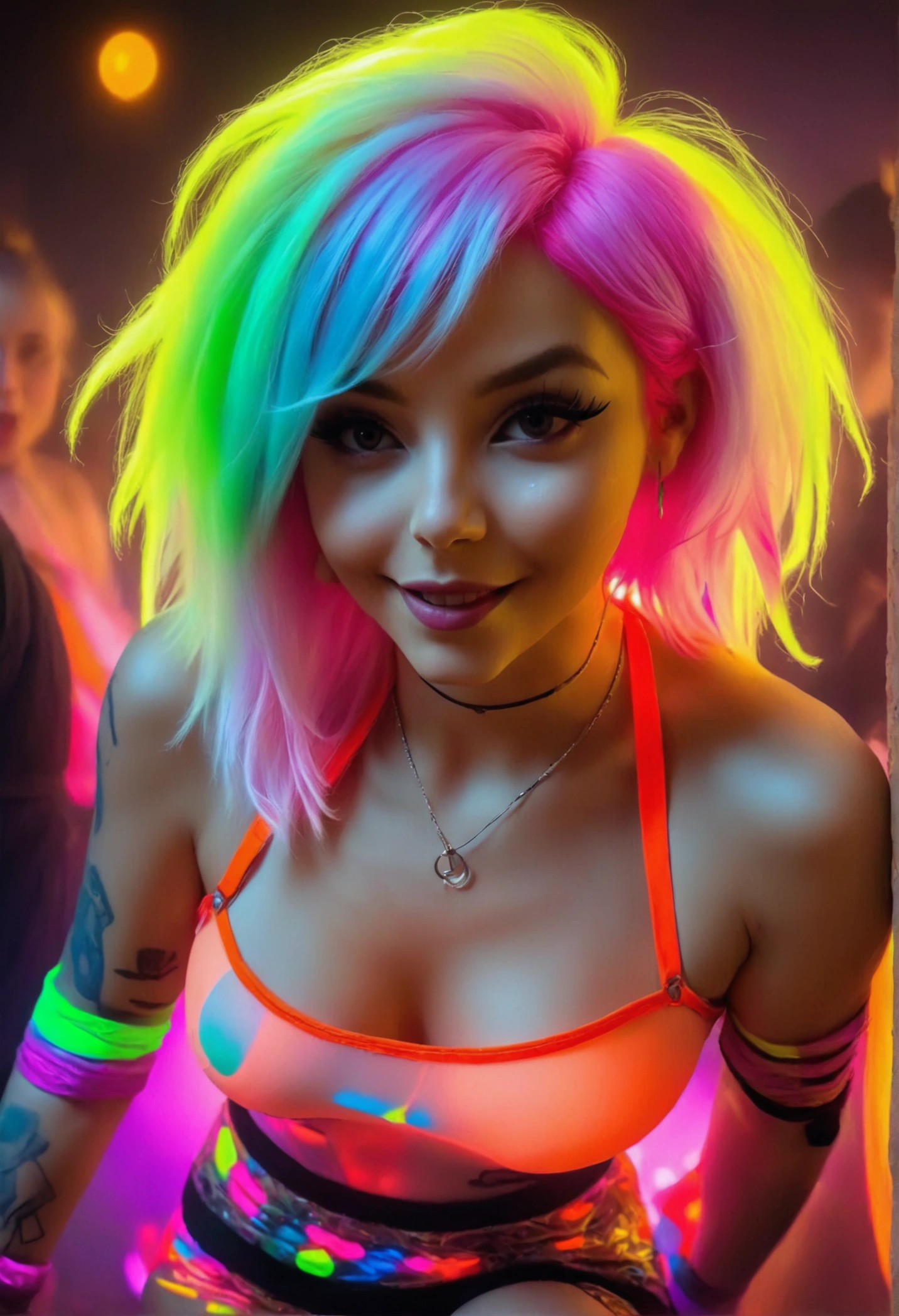 a cute woman, sheer colorful acrylic dress neon trim, neon calf boots sexy, bright colored hair, glowing contacts, no underwear. She is at a lewd Lesbian rave, women in love, shaking ass, neon rave
