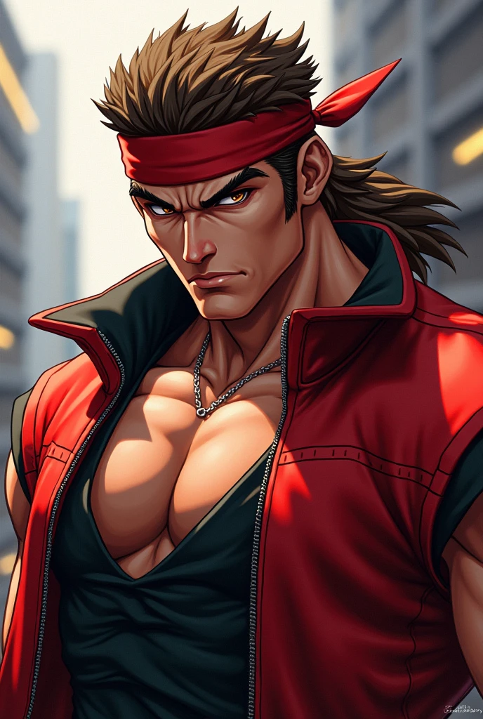(((best quality, high resolution, masterpiece, best quality))), absurdres, solo, male focus, 1boy, sol badguy, muscular male, grin, looking at viewer, hand on hip, brown hair, ponytail, headband, red jacket, fingerless gloves, belt, (((Extra large up bulges penis dripping alot white semen))), (((nude))),