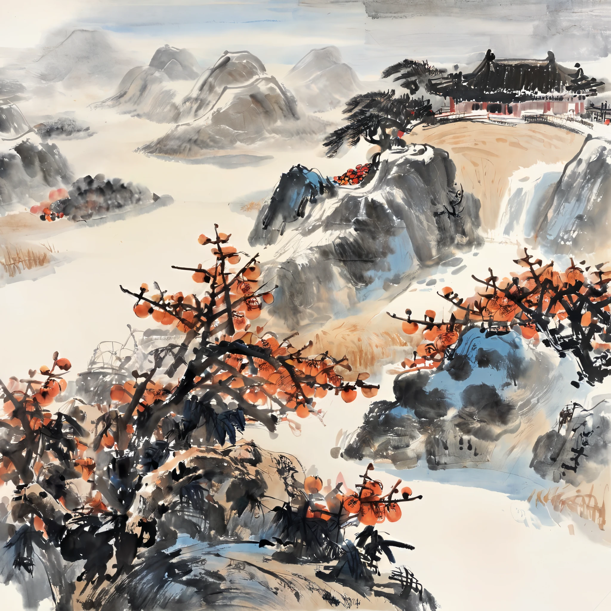 Ink painting, Chinese Painting, gugong,qi baishi, li keran, rural scenery in northern China, late autumn, orange persimmons and red persimmons, orange persimmons and red persimmons, the background is the hills and farmhouses in northern China, the whole scene is full of ink painting style, traditional Chinese brushwork, blue sky and white clouds, crisp autumn weather, official art, watercolor ink painting on parchment, beige gray, rice paper texture