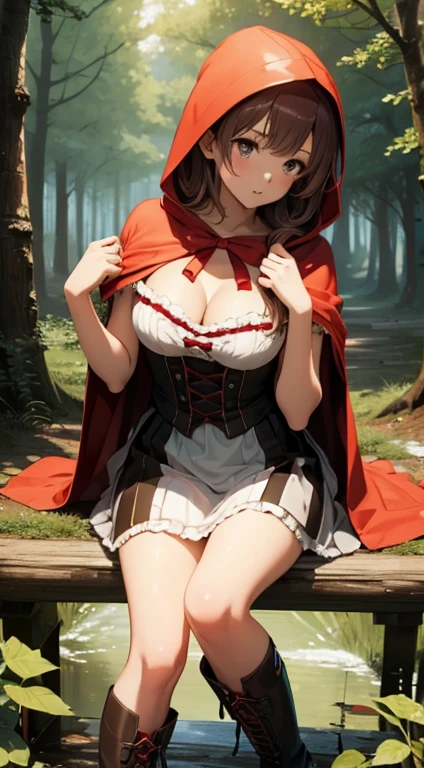 ((best quality)), ((masterpiece)), (detailed), perfect face, Red Riding Hood, nude, large breasts, thin waist, long thin legs, stockings, high heels, corset, garder belt, very tgin body, dark creepy forest, epic view, wide view, wolf, large wolf