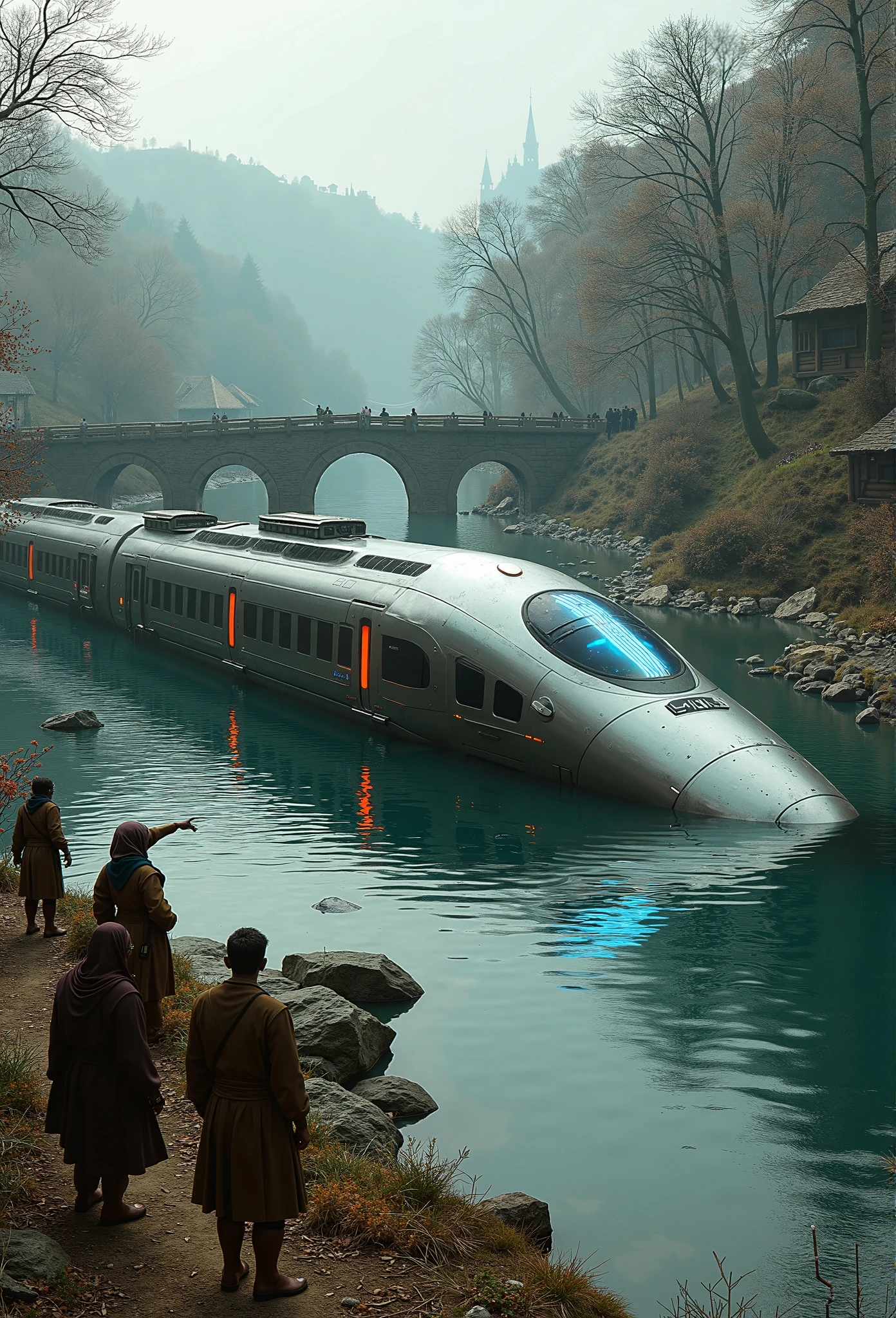 A surreal depiction of a futuristic train half-sinking in a medieval-era river, as if it crashed into the water. The sleek metallic train, with dimmed neon blue and orange lights, tilts precariously, with part of its structure submerged in the calm river. Broken panels and glowing components float around the crash site, emphasizing the accident. The river is surrounded by lush greenery, medieval stone bridges, and villagers dressed in traditional attire watching from the banks in awe and confusion. Some villagers point at the train, while others cautiously approach the water. The scene features intricate reflections in the river, contrasting the advanced technology of the train with the rustic medieval setting, including stone cottages and a distant castle. The lighting is soft and natural, highlighting the surreal and dramatic atmosphere. Created with HD rendering, detailed textures, and a blend of futuristic and historical aesthetics.