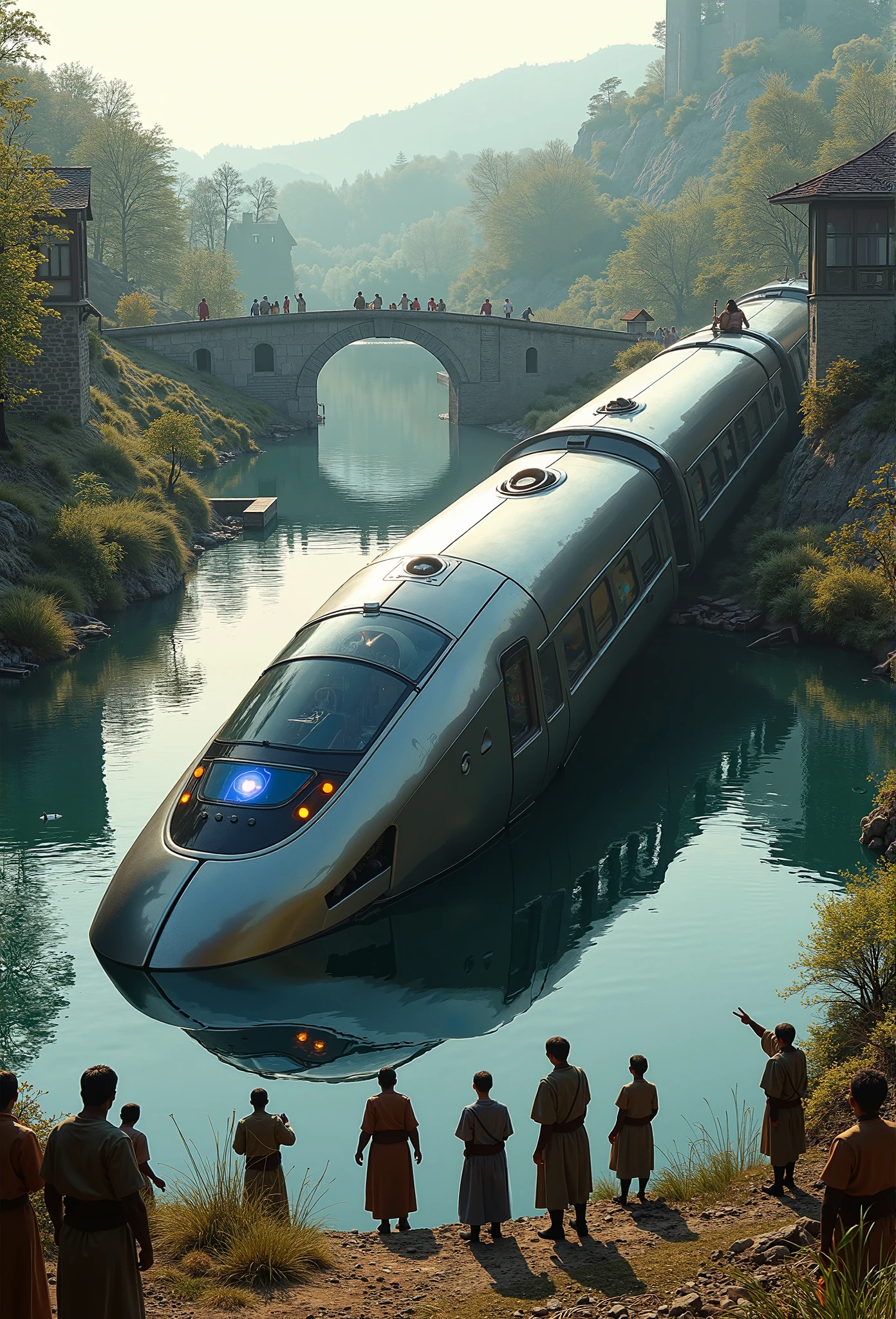 A surreal depiction of a futuristic train half-sinking in a medieval-era river, as if it crashed into the water. The sleek metallic train, with dimmed neon blue and orange lights, tilts precariously, with part of its structure submerged in the calm river. Broken panels and glowing components float around the crash site, emphasizing the accident. The river is surrounded by lush greenery, medieval stone bridges, and villagers dressed in traditional attire watching from the banks in awe and confusion. Some villagers point at the train, while others cautiously approach the water. The scene features intricate reflections in the river, contrasting the advanced technology of the train with the rustic medieval setting, including stone cottages and a distant castle. The lighting is soft and natural, highlighting the surreal and dramatic atmosphere. Created with HD rendering, detailed textures, and a blend of futuristic and historical aesthetics.