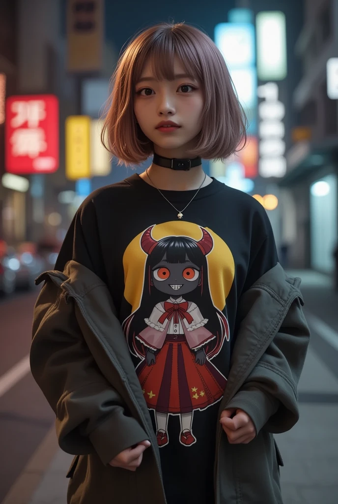 She is wearing a Tee with a large print of her favorite cute black devil girl, ultra-realistic, photorealistic, dramatic scene, shadow, global-illumination, solo, (20 years old Japanese famous idol girl:1.5), very beautiful fragile Japanese girl, very beautiful with very cute but boyish cool face, she is wearing punk rock outfits with very realistic smiled Chibi-anime-devil-black-girl printed Tee, the chibi-anime-devil-black-girl that printed on her Tee is 1girl\(dark black devil,cute,big eyes,large circle eyes,black skin,evil smile,long nail,orange eyes, vivid orange eyes, dark black skin, looking down,wearing capelet\(big,long,Tattered\), backlit,full body\), she is wearing accessories, leather choker, leather jacket, standing at the downtown, professional lighting, 