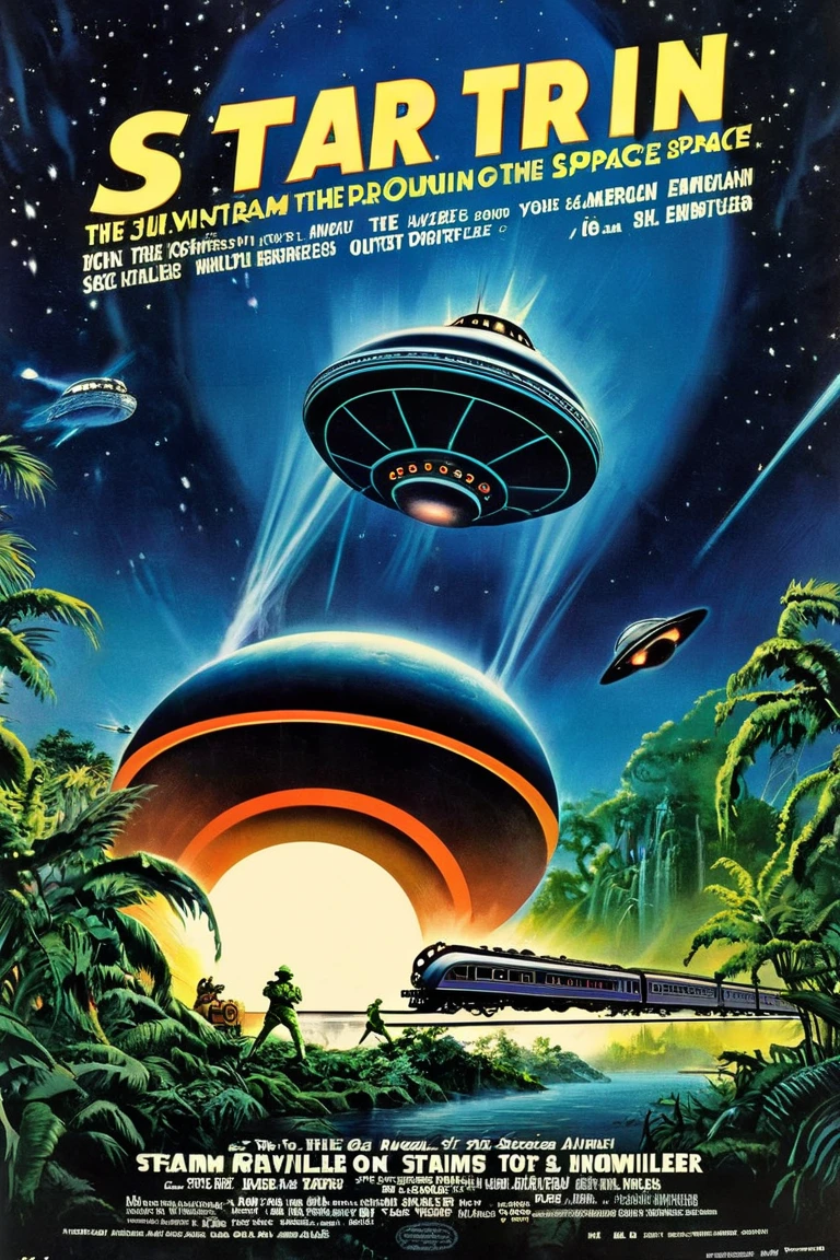   steam locomotive that runs through time and space movie poster、 steam locomotive coming out of the portal 、 extraterrestrial paradise  ,   outer space utopian jungle  ,  retro sci-fi art  ,   Ancient Alien Jungle  , Vintage Sci-fi Art  ,  Damp alien jungle ,   Retrofuturism Art   ,  Retro 1 , 1960s sci-fi art ,   Ed Emschwiller  ,   Countless little UFOs . American-style promotional posters,  American-style promotional posters, Movie title「STAR train」