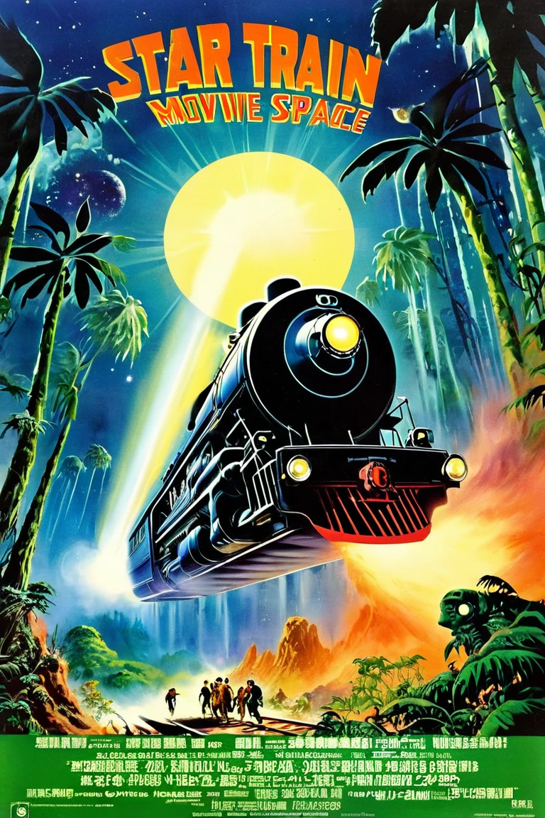   steam locomotive that runs through time and space movie poster、 steam locomotive coming out of the portal 、 extraterrestrial paradise  ,   outer space utopian jungle  ,  retro sci-fi art  ,   Ancient Alien Jungle  , Vintage Sci-fi Art  ,  Damp alien jungle ,   Retrofuturism Art   ,  Retro 1 , 1960s sci-fi art ,   Ed Emschwiller  ,   Countless little UFOs . American-style promotional posters,  American-style promotional posters, Movie title「STAR train」