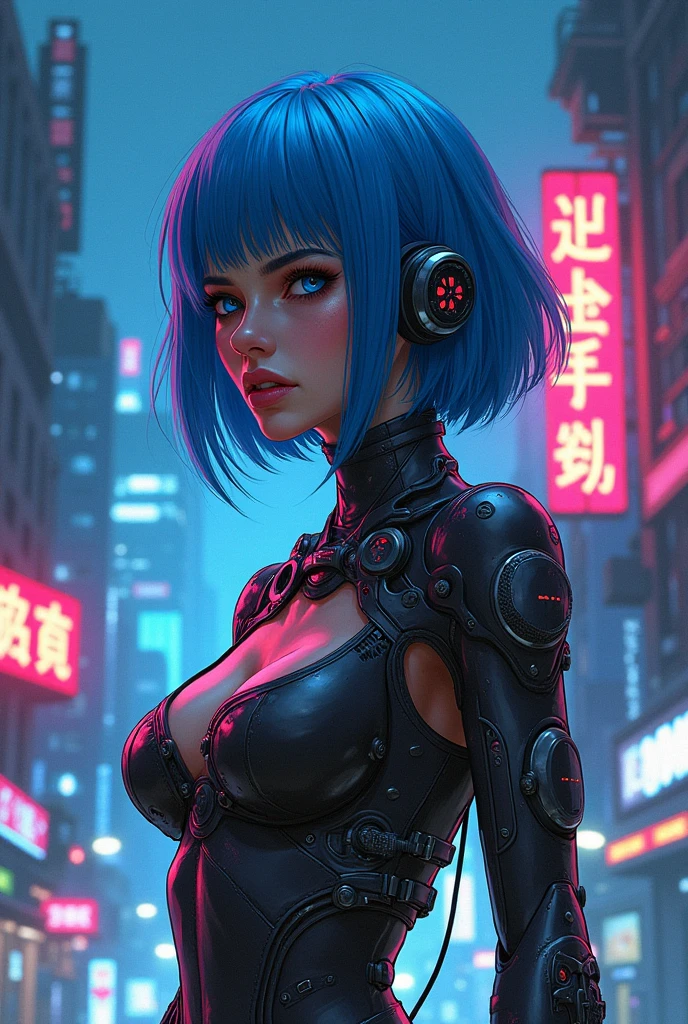 best quality,4k,8k, highres, masterpiece:1.2), ultra-detailed, extremely detailed eyes, extremely detailed body, (large masterpiece digital art), (detailed manga illustration), (detailed line art), ((perfect anatomy)), (intricate details:1.3), (ultra-detailed:1.3), (illustration:1.3), (sharp focus:1.3), (natural lighting:1.05), (vivid colors:1.3), (masterpiece), best quality, expressive eyes, perfect face, 1 girl, breasts, cleavage, gloves, large breasts, cyberpunk clothes, black jacket, dark blue hair, very long hair, messy hair, green eyes, curvy physique, athletic build, alluring outfit, shorts, fighting stance, huge ass, cyberworld, cinematic lighting, dramatic atmosphere,