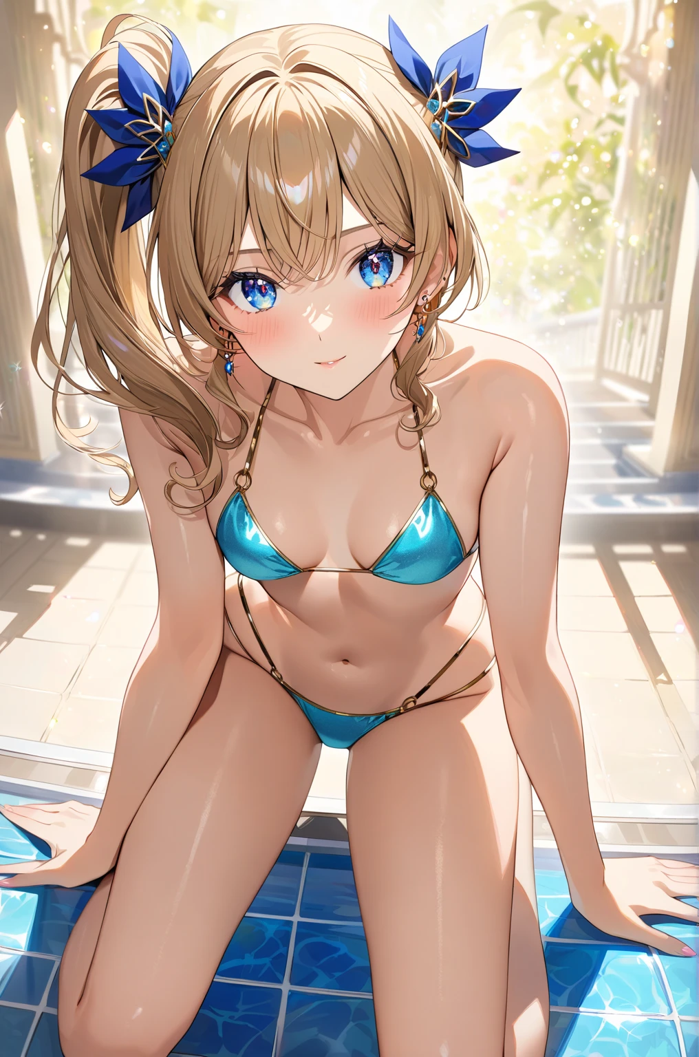 ( ultra high resolution,  best quality、 detailed details),  textured skin 、( Belle Dandy)、 Belle DandyV2、 1 woman、solo,  light brown hair、 side ponytail、Shiny Hair、 blue eyes、Sparkling eyes、Glamorous eyes、 small breasts、 simple background, ( background blur ),  bikini、白いbikini、slouch、Put your hands on your knees 、 poolside、 blush、 hair ornament、 earrings for a woman alone、 angle diagonally from the front、NSFW