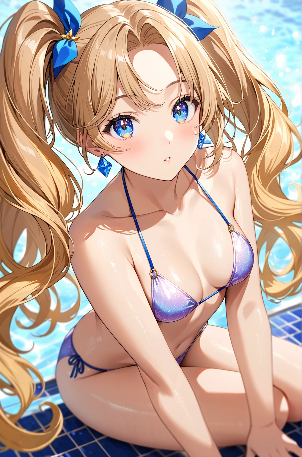 ( ultra high resolution,  best quality、 detailed details),  textured skin 、( Belle Dandy)、 Belle DandyV2、 1 woman、solo,  light brown hair、 side ponytail、Shiny Hair、 blue eyes、Sparkling eyes、Glamorous eyes、 small breasts、 simple background, ( background blur ),  bikini、白いbikini、slouch、Put your hands on your knees 、 poolside、 blush、 hair ornament、 earrings for a woman alone、 angle diagonally from the front、NSFW