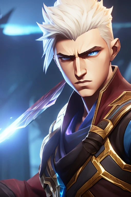  The blond guy with blue eyes,  Short Hair ,  Star wanderer, Arcane series style , League of Legends game, Arcane series, Kind, calm look,  highly detailed , deep color