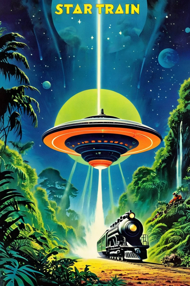   steam locomotive that runs through time and space movie poster、 steam locomotive coming out of the portal 、 extraterrestrial paradise  ,   outer space utopian jungle  ,  retro sci-fi art  ,   Ancient Alien Jungle  , Vintage Sci-fi Art  ,  Damp alien jungle ,   Retrofuturism Art   ,  Retro 1 , 1960s sci-fi art ,   Ed Emschwiller  ,   Countless little UFOs . American-style promotional posters,  American-style promotional posters, Movie title「STAR train」