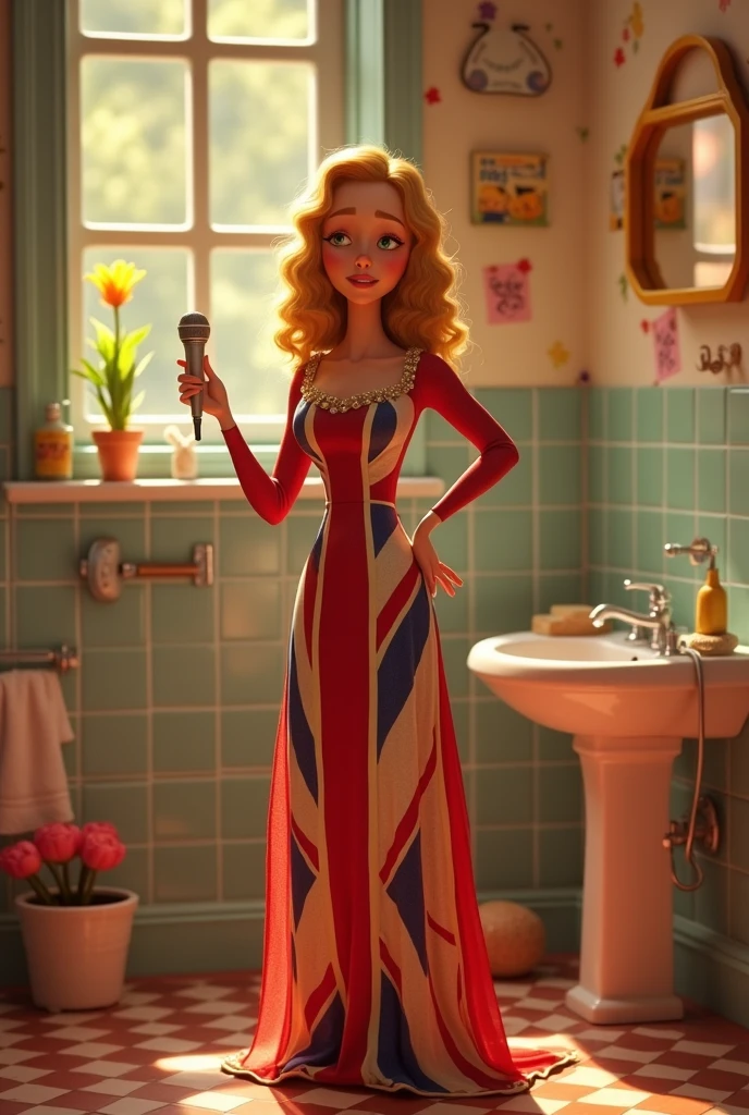 Adele, in Disney Pixar style, in the bathroom, with a dress from the flag of England, singing into the microphone and with a hair dryer