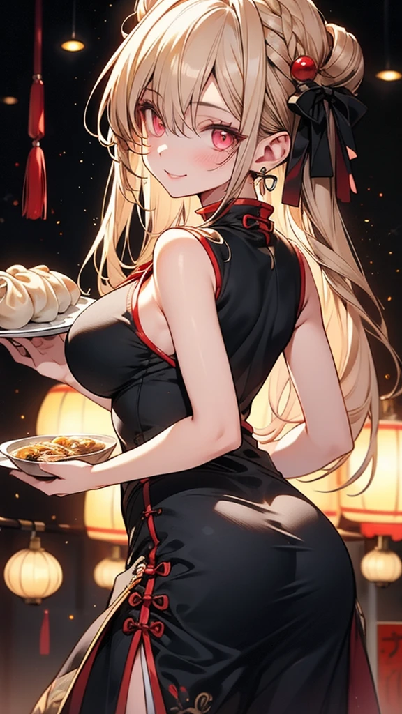 blonde, cheongsam with flower patterns, double bun, waitress, chinese restaurant, long legs, thick thighs, bare shoulder, masterpiece, embarrased, blush