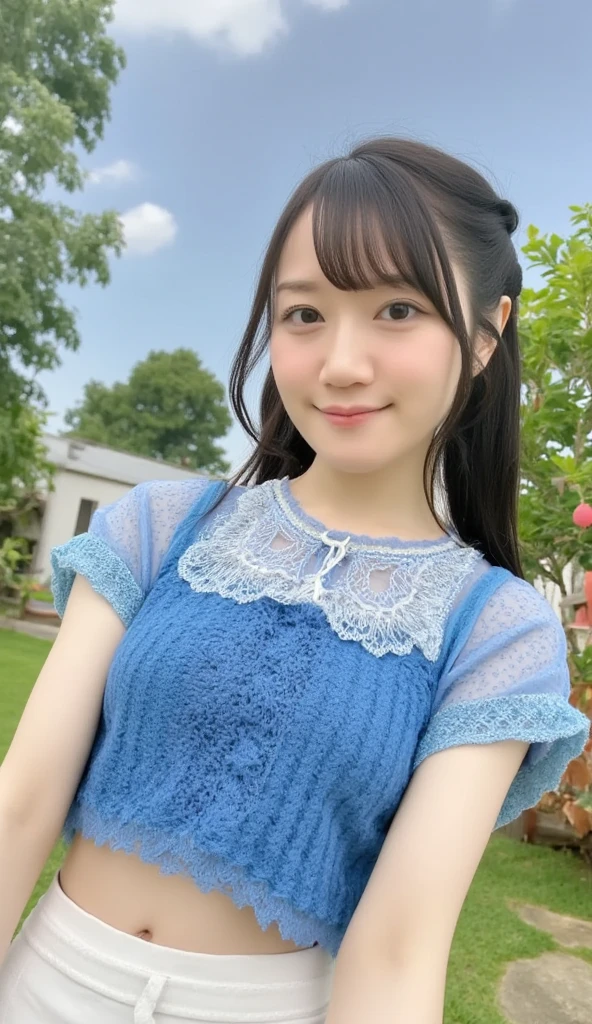 (  best quality ,masterpiece:1.3,  ultra high resolution),( super detailed, caustics,8k), (Photographically:1.4, RAW shooting), blue sky,Japanese garden,Japanese,20 years old,smile,Black hair Middle hair,(Blue short-sleeved summer knit),Big Breasts,(White Skirt), waist up shot ,(Low position:1.1),( low angle:1.1), natural light