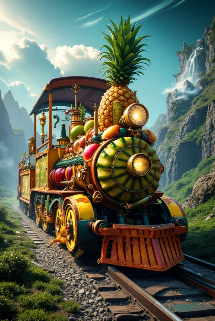 A time-traveling train made of fruits, hyperrealistic, photorealistic, 8K, intricate details, vibrant colors, dramatic lighting, highly detailed, elegant, steampunk, fantasy, magical, surreal