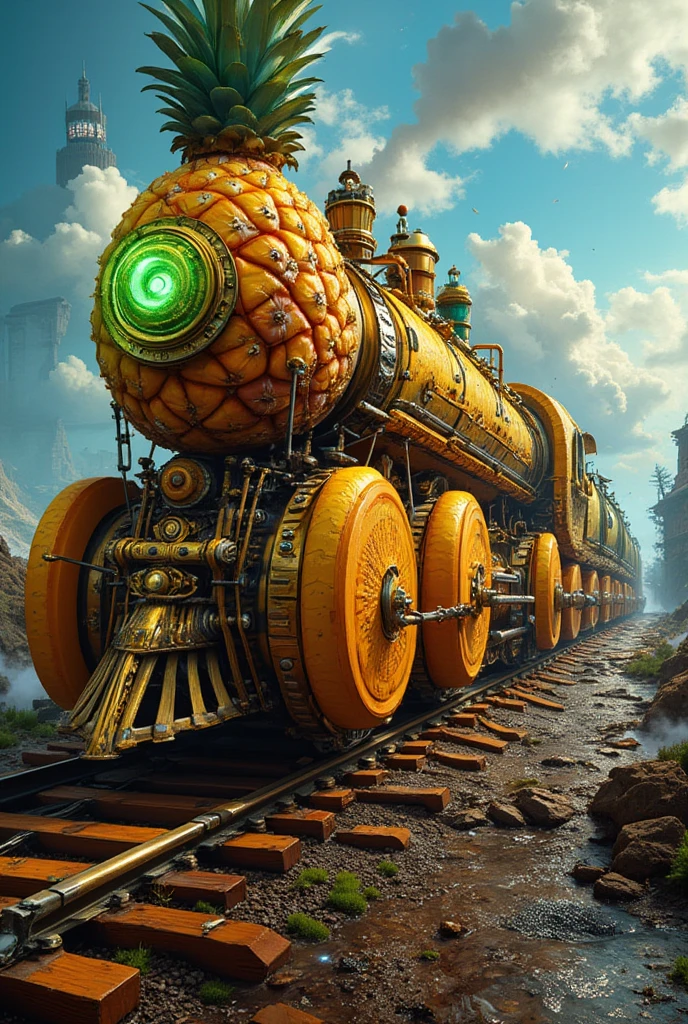 A time-traveling train made of fruits, hyperrealistic, photorealistic, 8K, intricate details, vibrant colors, dramatic lighting, highly detailed, elegant, steampunk, fantasy, magical, surreal