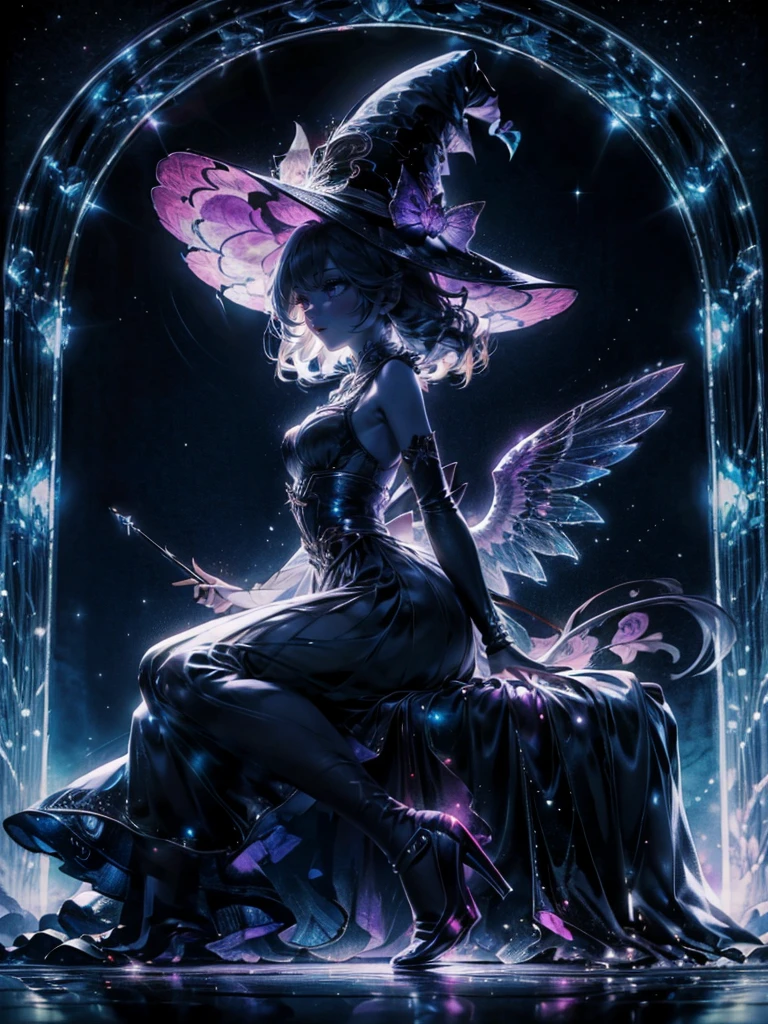 absurderes , hight resolution, ultra-detailliert, (1girl in:1.3), BREAK, Fantastic Dresses, Hats, BREAK, Light persona, Dark Persona, mind control, fractral, Full body, ceiling, Artistic background, Blue bioluminescence, Geometric, organics, blessings, favor, exalted, exalted, noble, unfolded, elucidation, Anti-gravity, Antimatter, Guardian Angel, holy, Sacred, spiritual, Dignified, Red bioluminescence, flower, Holographic wings, About Magic Circle, photons, butterfly, scales, Galaxy, Beak,