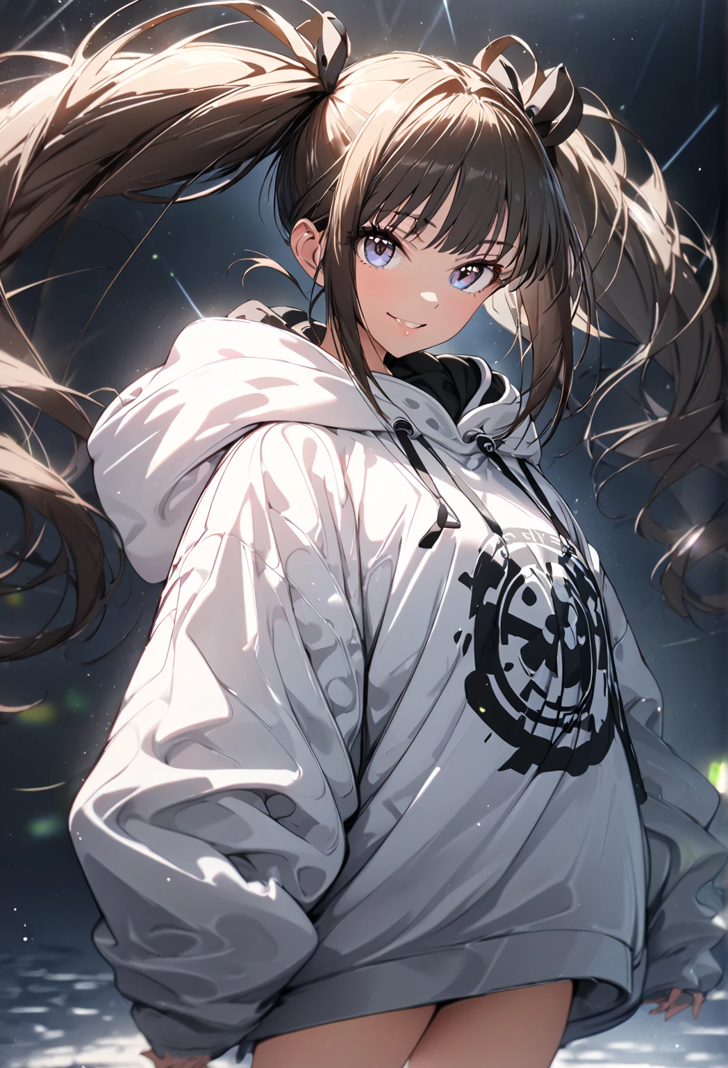 (masterpiece:1.2,  best quality), ( high definition),    1 girl  , Long legs,  twin tails,  oversized hoodie,  standing, smile, Volumetric Lighting, Best Shadow,  shallow depth of field, (  best quality , Amazing Details:1.25), 