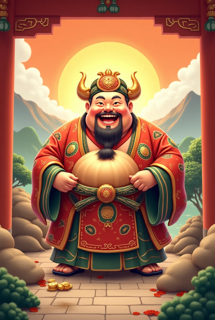 Fighting Buddha holding a sign "Happy Birthday to Liu Zhiyou", Smile, Happy, Reality, Vibrant colors, Fascinating