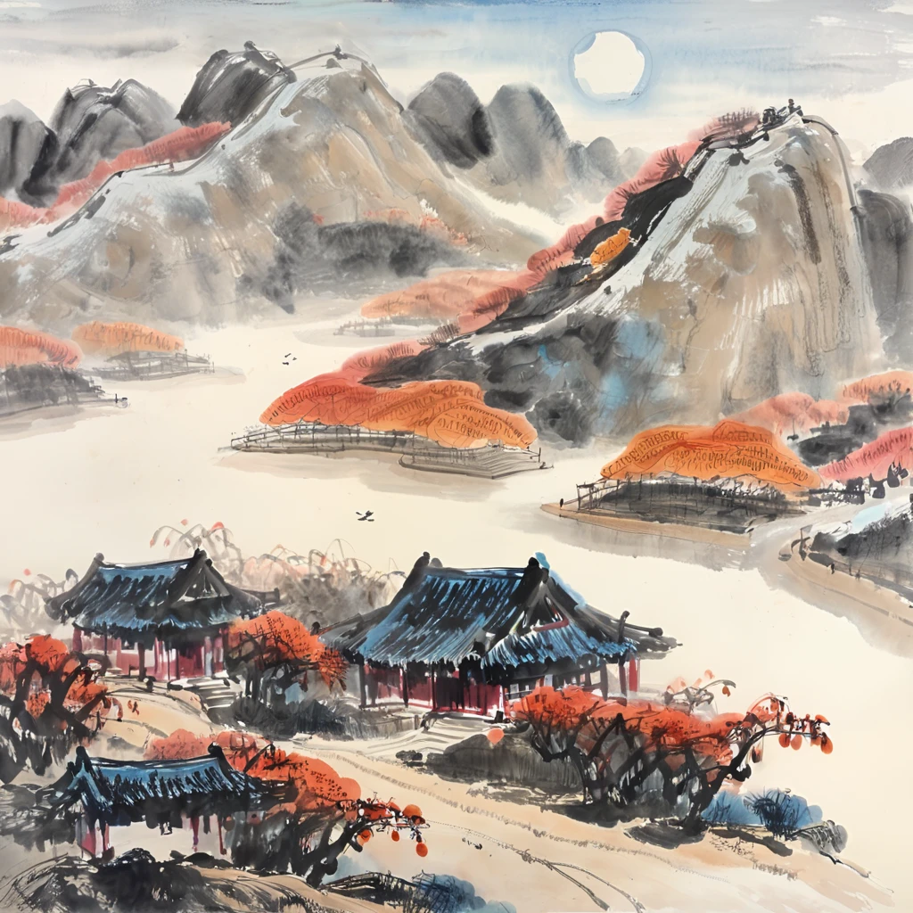 Ink painting, Chinese Painting, gugong,qi baishi, li keran, rural scenery in northern China, late autumn, orange persimmons and red persimmons, orange persimmons and red persimmons, the background is the hills and farmhouses in northern China, the whole scene is full of ink painting style, traditional Chinese brushwork, blue sky and white clouds, crisp autumn weather, official art, watercolor ink painting on parchment, beige gray, rice paper texture