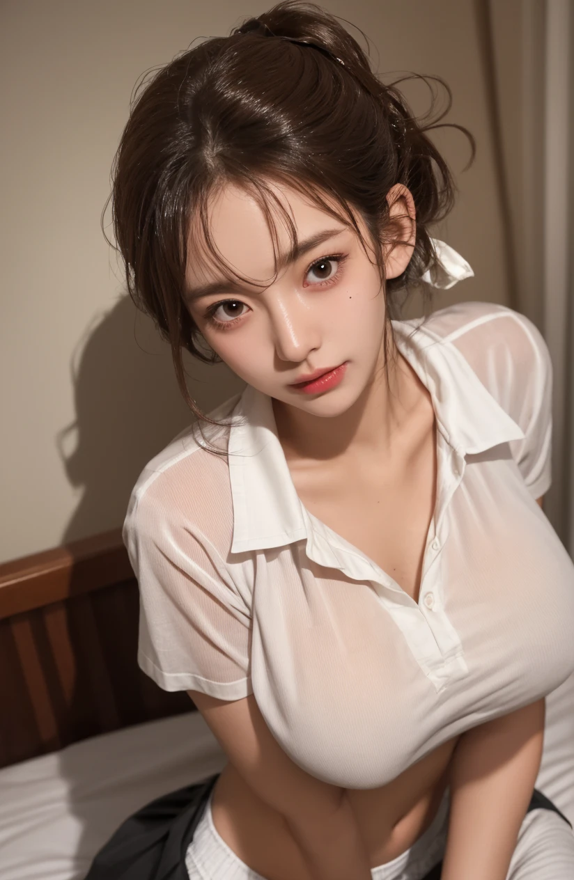 highest quality、ultra high resolution、(realistic)、18 year old girl、((((blouse open))))、((((I can see your nipples)))),hyper detail、Super realistic、(Photoreal)、More on beautiful skin、(masterpiece:1.0)、(highest quality)、(ultra high resolution)、8K resolution、Canon EOS R5、135mm、absurd、Super detailed、sharp focus、Fine skin texture、(((Chirarism、small breasts)))